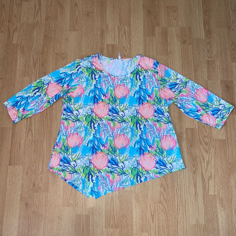 Lulu-B Colorful Coral Shells 3/4 Sleeve Loose Fit Cooling AsymmetricTop Size XL